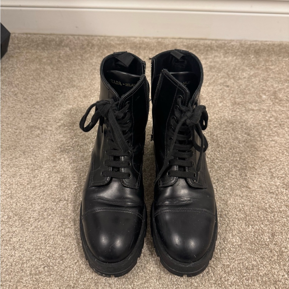 Prada Black Leather Combat Boots